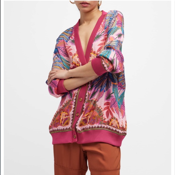 NWT $185 Farm Rio Macaw Scarf Pink Cardigan in size Large! - Picture 7 of 9